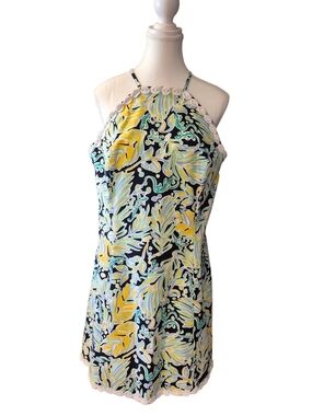 crown & ivy  Halter  Dress with Yellow & Aqua Leaf Print